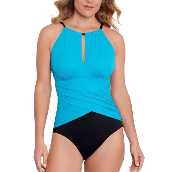NWT Swim Solutions | Blue Black Tummy Control Draped High Neck Swimsuit 8 - Picture 1 of 10